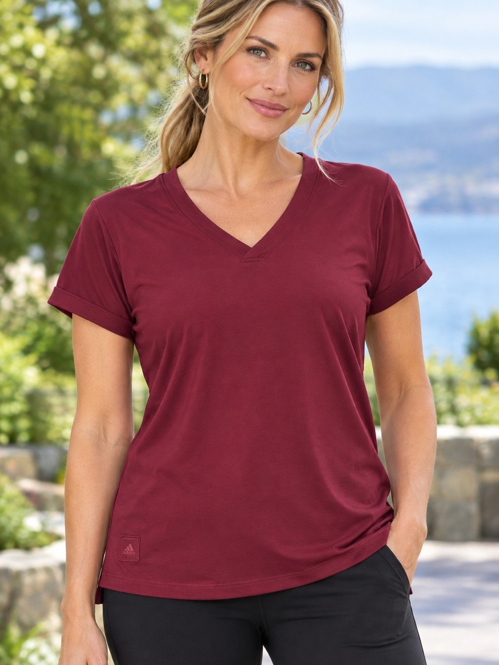 adidas Women's V-Neck Short Sleeve Tee - Burgundy